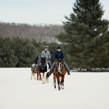 Group horseback riding in winter at The Highlands