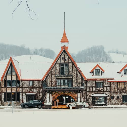 The Main Lodge Front View in Winter at The Highlands